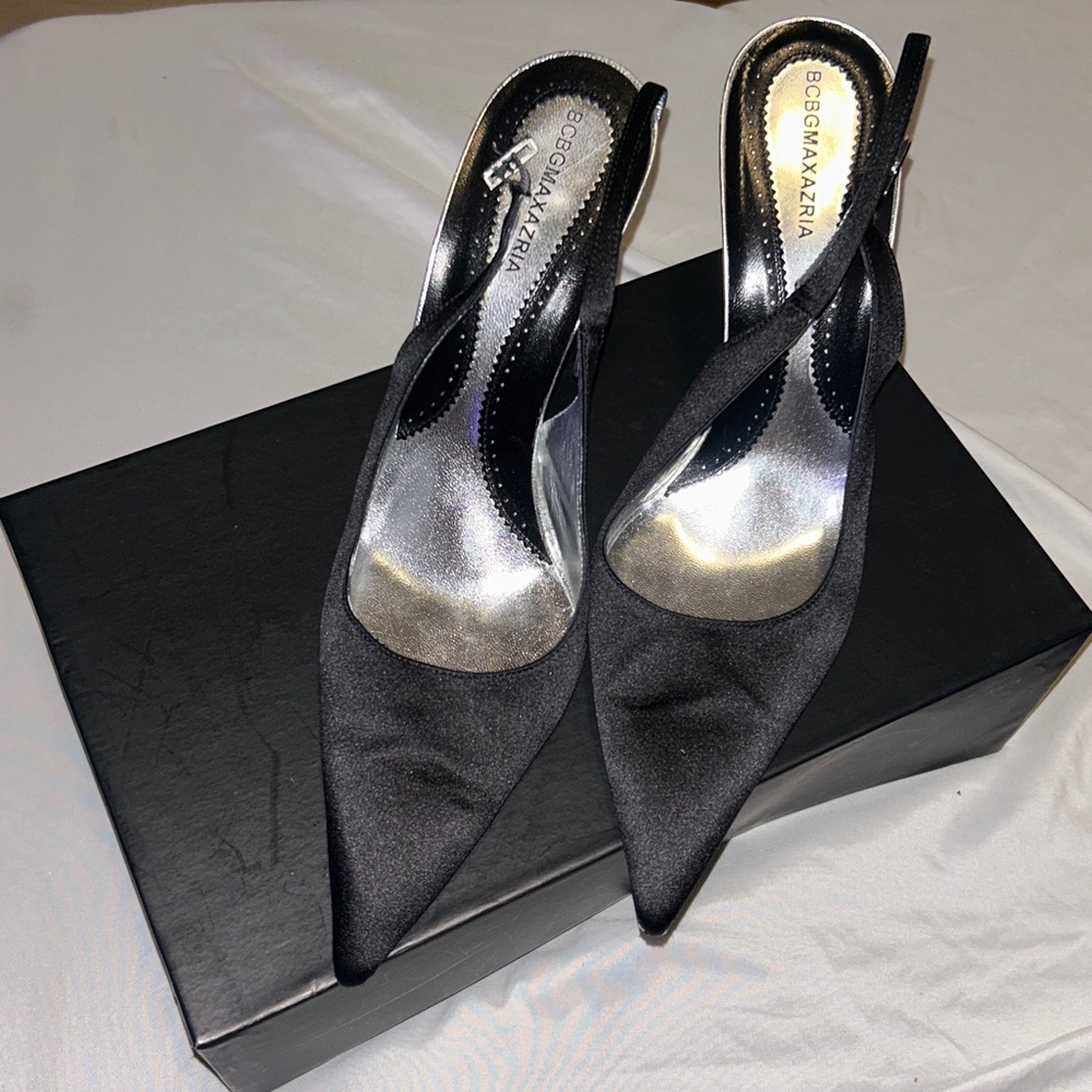 BCBGMaxAzria Black Satin Slingback Heels